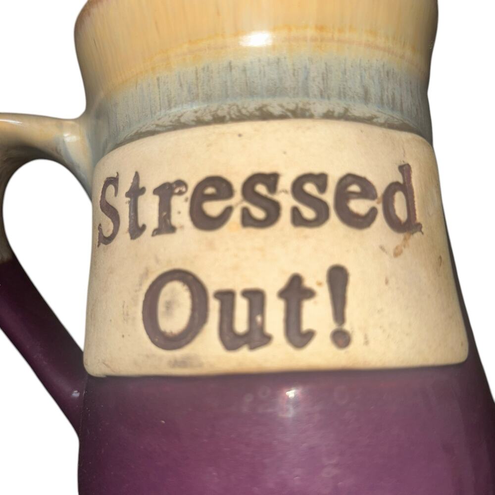 Art Pottery Coffee Mug Stressed Out Heavy Glazed Drip Glaze Unsigned Oversized - Picture 2 of 7